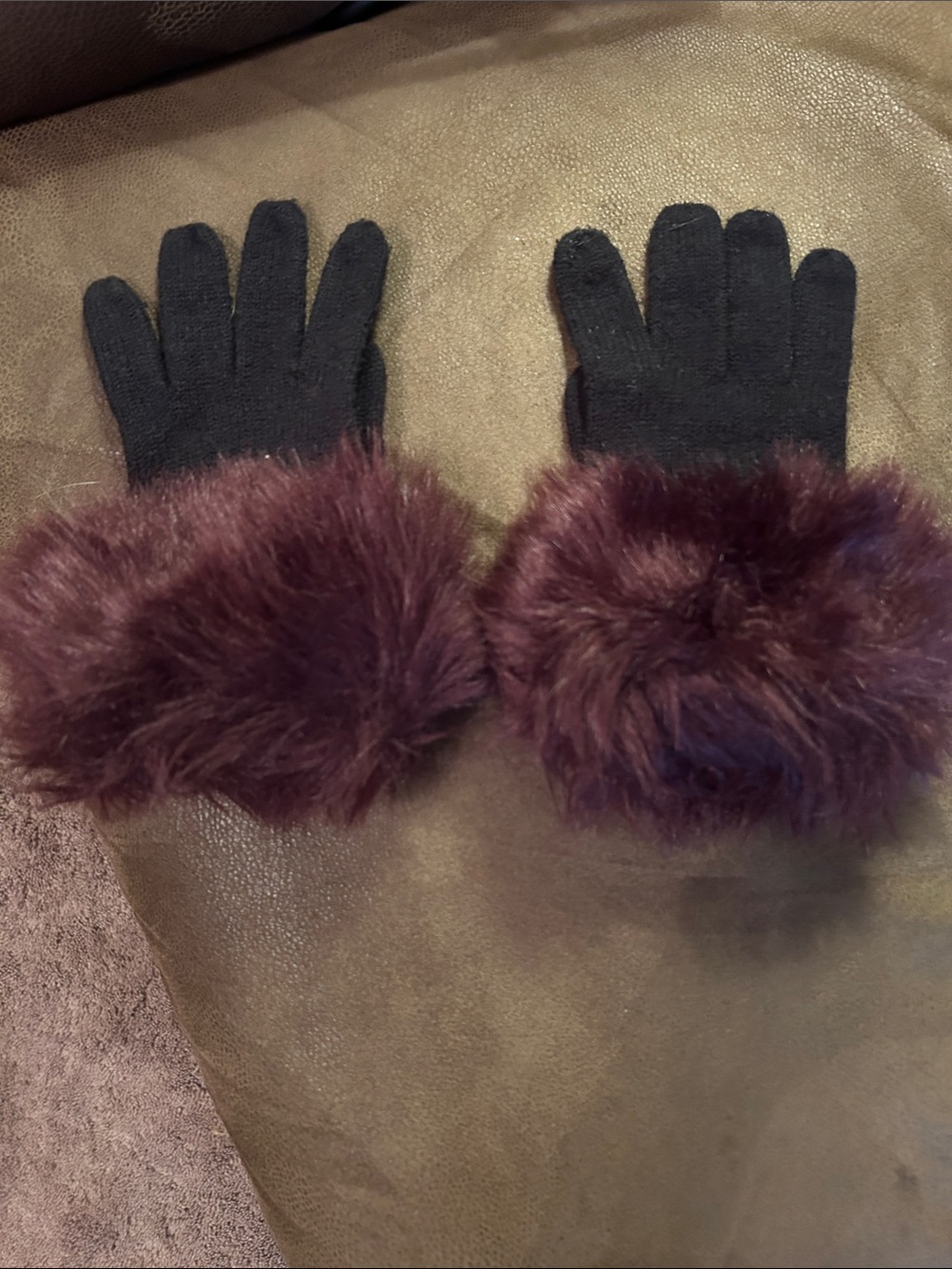 Ann Taylor Black Gloves with Burgundy Faux-Fur Cuffs